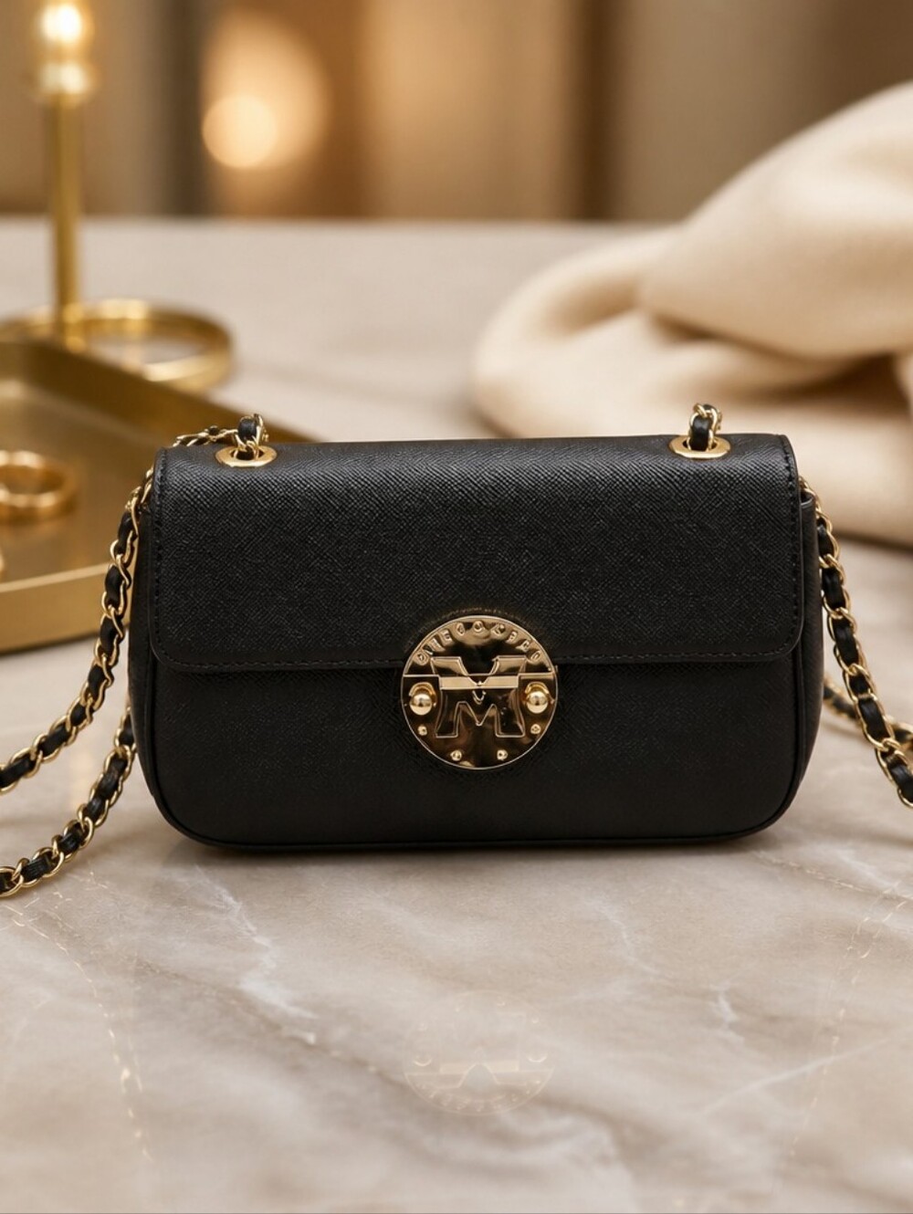 METROCITY Women's Black Leather Crossbody Bag with Gold Accent Hardware Like New
